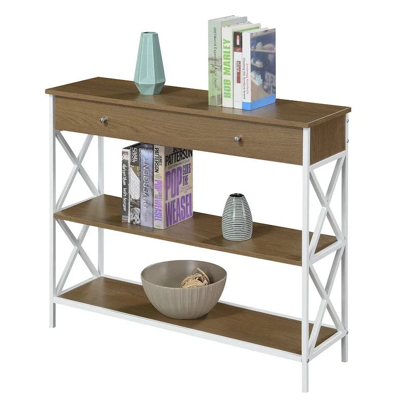 Console moderne noire / bois flotté / gris patiné avec 1 tiroir, 2 étagères et cadre métallique entrecroisé