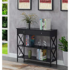 Console moderne noire / bois flotté / gris patiné avec 1 tiroir, 2 étagères et cadre métallique entrecroisé