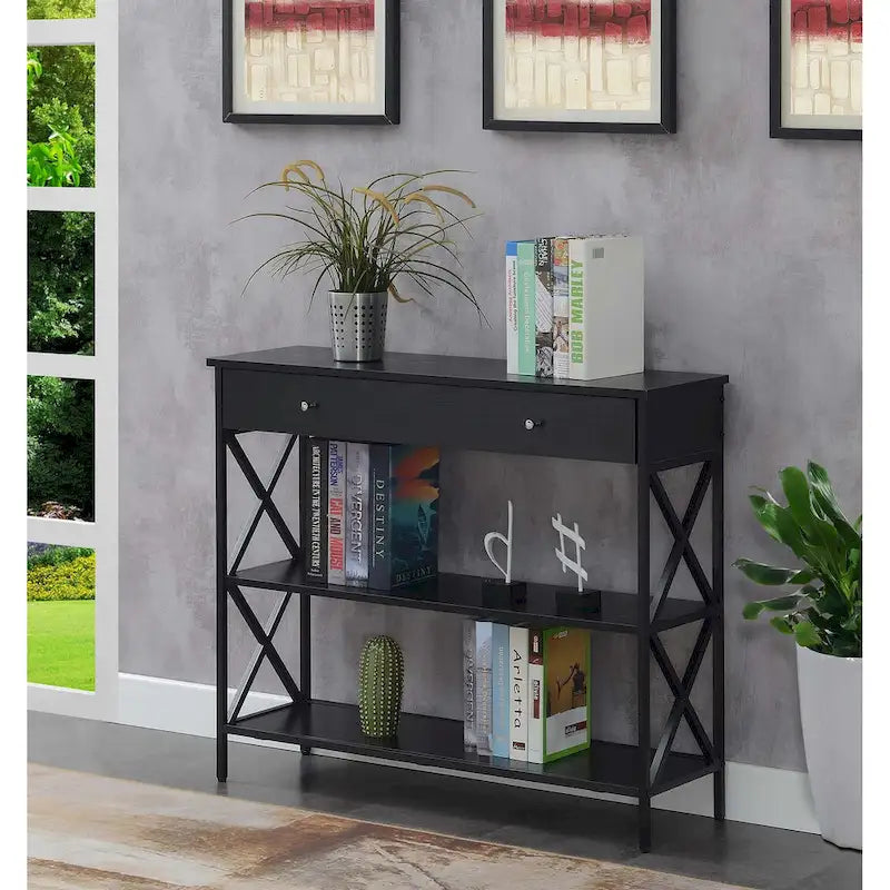 Console moderne noire / bois flotté / gris patiné avec 1 tiroir, 2 étagères et cadre métallique entrecroisé