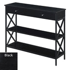 Console moderne noire / bois flotté / gris patiné avec 1 tiroir, 2 étagères et cadre métallique entrecroisé