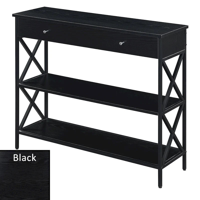 Console moderne noire / bois flotté / gris patiné avec 1 tiroir, 2 étagères et cadre métallique entrecroisé
