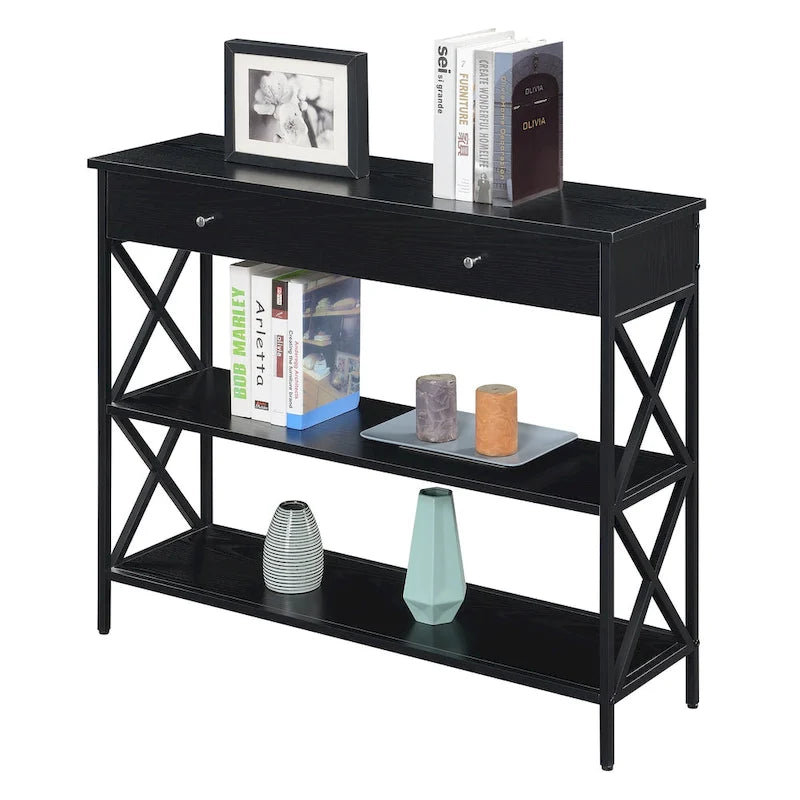 Console moderne noire / bois flotté / gris patiné avec 1 tiroir, 2 étagères et cadre métallique entrecroisé