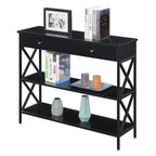 Console moderne noire / bois flotté / gris patiné avec 1 tiroir, 2 étagères et cadre métallique entrecroisé
