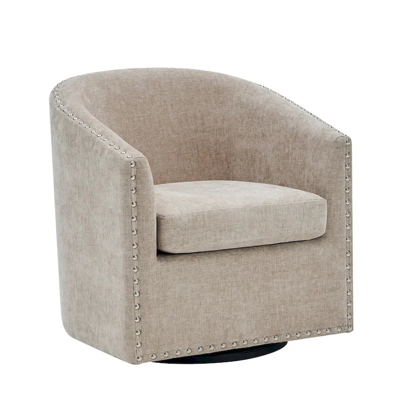 Swivel Barrel Accent Chair with Nailhead Trim & Removable Cushion, Single — Dark Grey / Blue / Pink / Beige