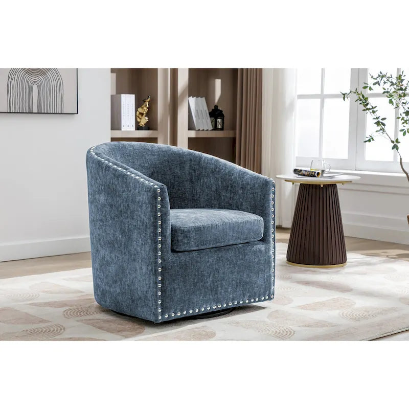Swivel Barrel Accent Chair with Nailhead Trim & Removable Cushion, Single — Dark Grey / Blue / Pink / Beige