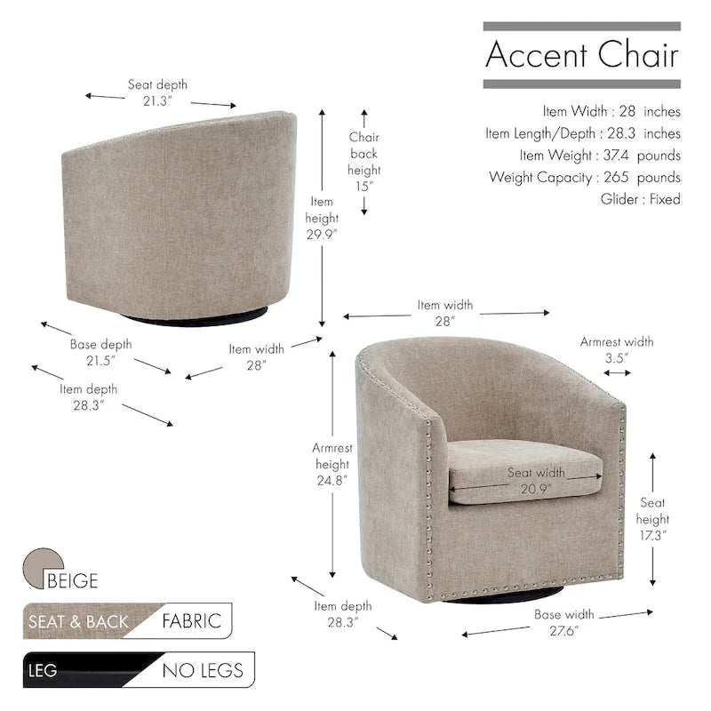Fauteuil pivotant avec garniture cloutée et coussin amovible, simple — Gris foncé / Bleu / Rose / Beige