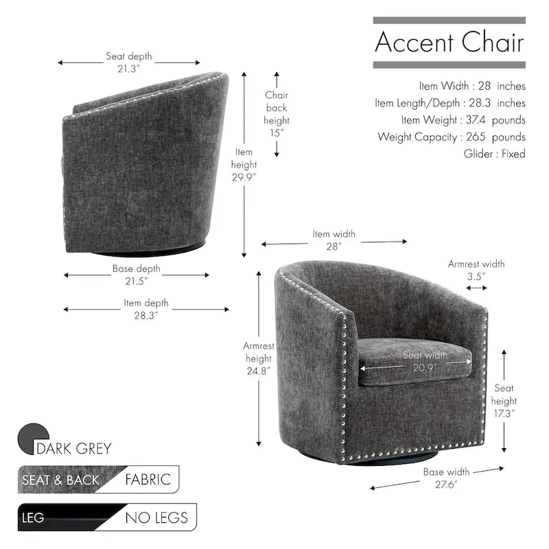 Fauteuil pivotant avec garniture cloutée et coussin amovible, simple — Gris foncé / Bleu / Rose / Beige