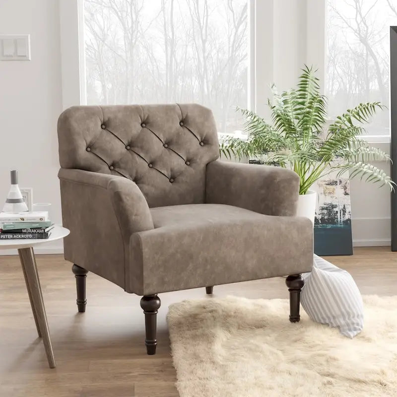 Fauteuil d'appoint transitionnel en vinyle capitonné marron/gris avec coussin en T et pieds tournés, pièce unique