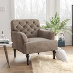 Fauteuil d'appoint transitionnel en vinyle capitonné marron/gris avec coussin en T et pieds tournés, pièce unique