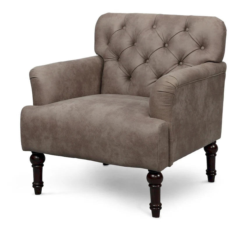 Fauteuil d'appoint transitionnel en vinyle capitonné marron/gris avec coussin en T et pieds tournés, pièce unique