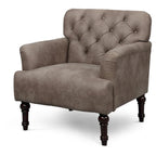 Fauteuil d'appoint transitionnel en vinyle capitonné marron/gris avec coussin en T et pieds tournés, pièce unique