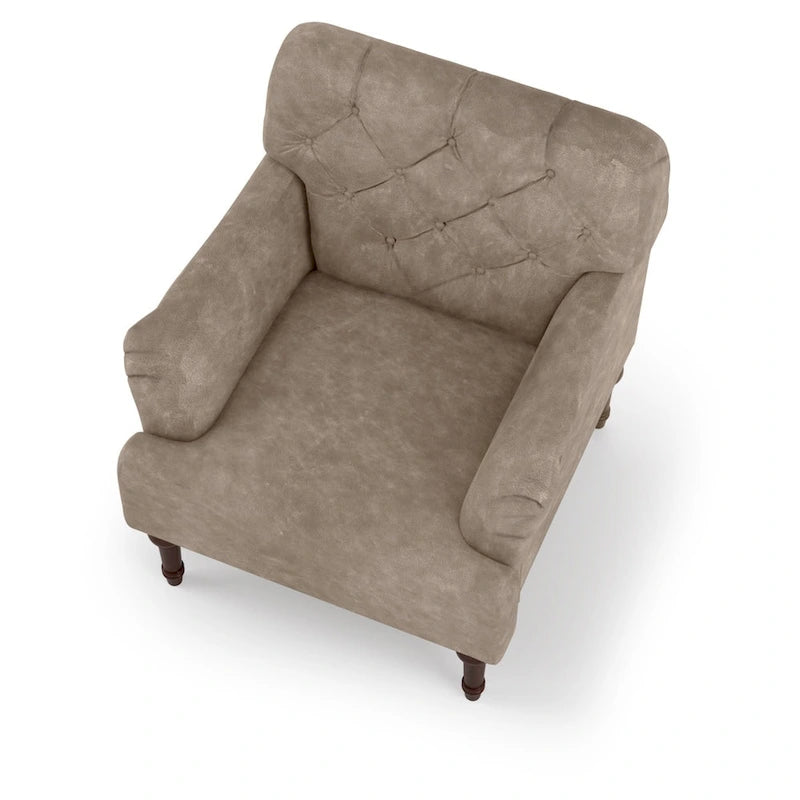 Fauteuil d'appoint transitionnel en vinyle capitonné marron/gris avec coussin en T et pieds tournés, pièce unique