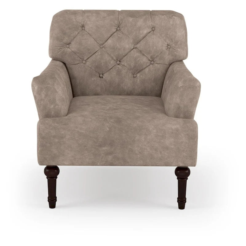 Fauteuil d'appoint transitionnel en vinyle capitonné marron/gris avec coussin en T et pieds tournés, pièce unique