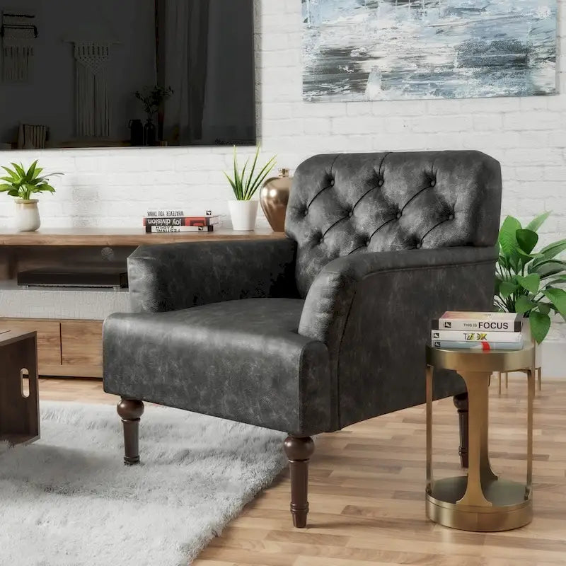 Fauteuil d'appoint transitionnel en vinyle capitonné marron/gris avec coussin en T et pieds tournés, pièce unique