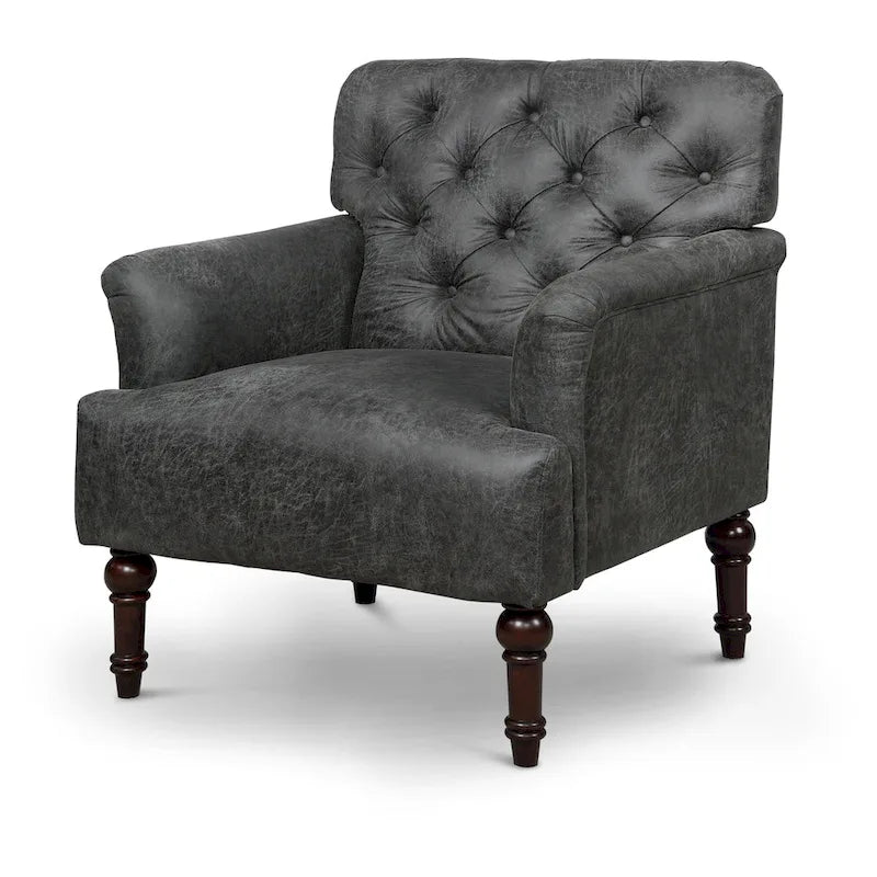 Fauteuil d'appoint transitionnel en vinyle capitonné marron/gris avec coussin en T et pieds tournés, pièce unique