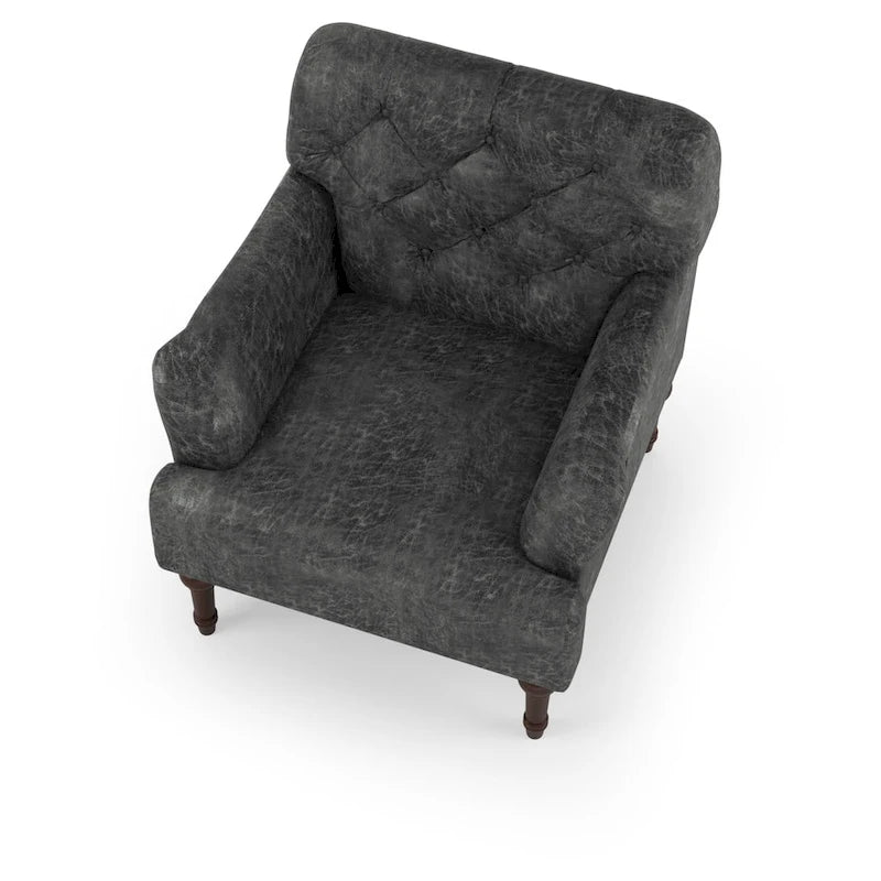 Fauteuil d'appoint transitionnel en vinyle capitonné marron/gris avec coussin en T et pieds tournés, pièce unique