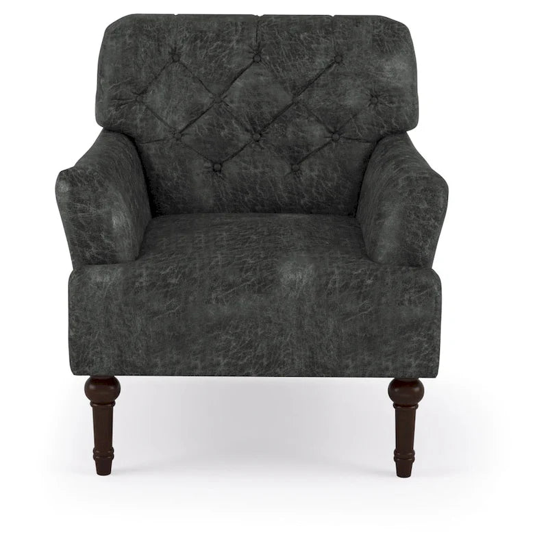 Fauteuil d'appoint transitionnel en vinyle capitonné marron/gris avec coussin en T et pieds tournés, pièce unique