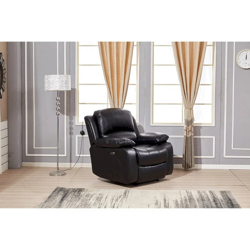 Canapé inclinable électrique en cuir collé marron/gris/noir avec port USB et repose-pieds, 3 places
