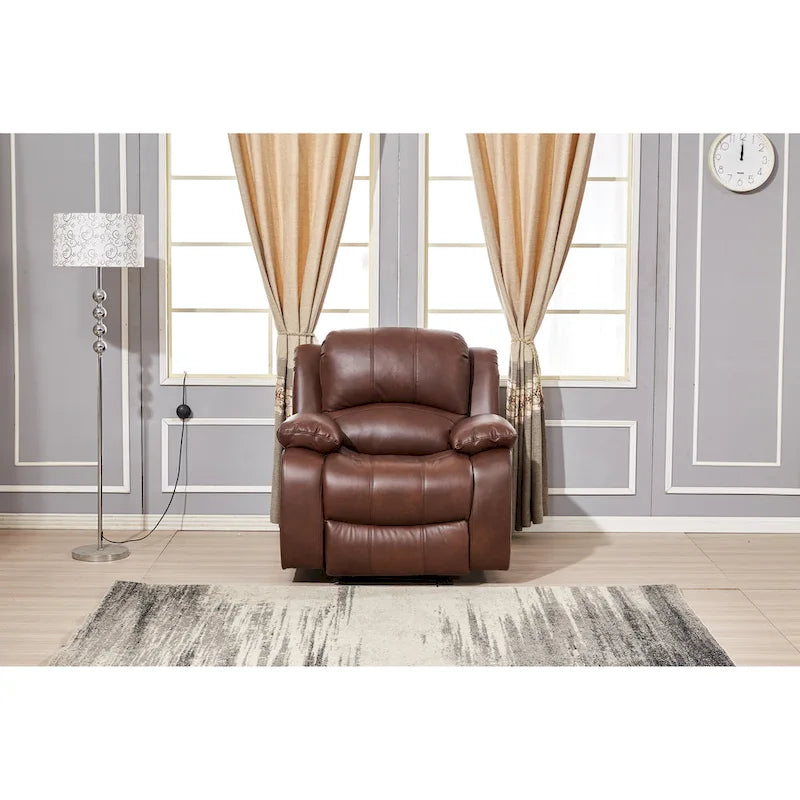 Canapé inclinable électrique en cuir collé marron/gris/noir avec port USB et repose-pieds, 3 places
