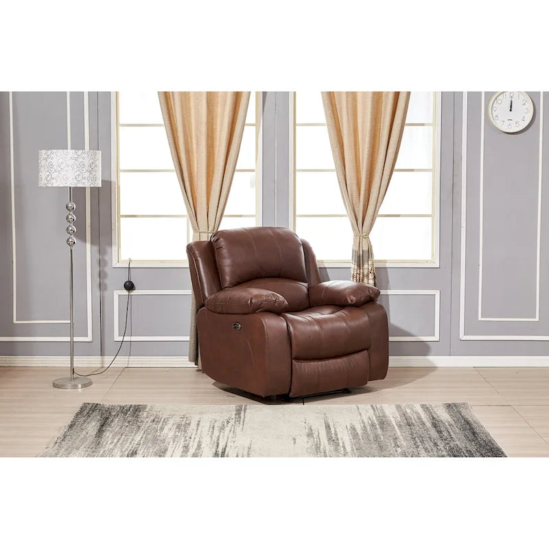 Canapé inclinable électrique en cuir collé marron/gris/noir avec port USB et repose-pieds, 3 places