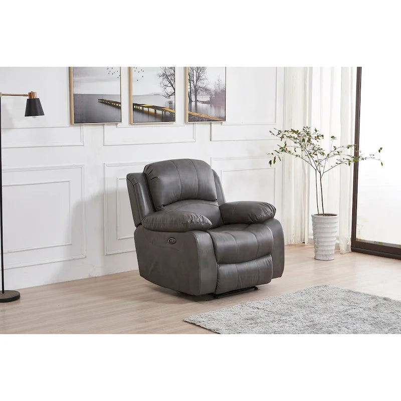 Canapé inclinable électrique en cuir collé marron/gris/noir avec port USB et repose-pieds, 3 places