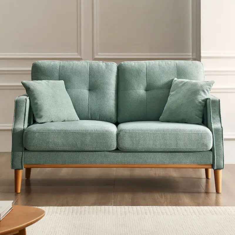 Causeuse moderne en tissu (bleu/vert/gris) avec ports de chargement USB et oreillers lombaires, 2 places