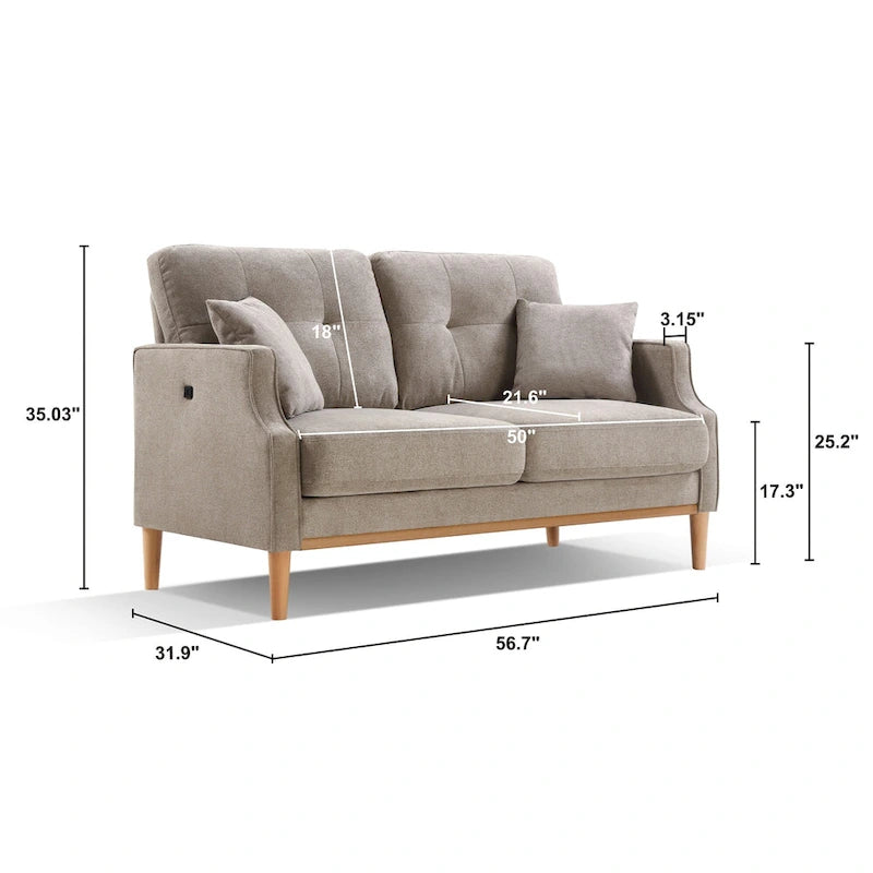 Causeuse moderne en tissu (bleu/vert/gris) avec ports de chargement USB et oreillers lombaires, 2 places