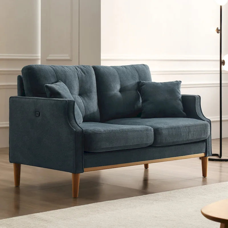 Causeuse moderne en tissu (bleu/vert/gris) avec ports de chargement USB et oreillers lombaires, 2 places