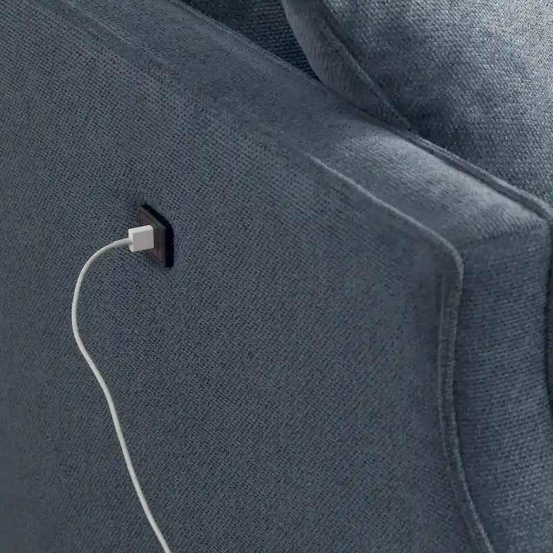 Causeuse moderne en tissu (bleu/vert/gris) avec ports de chargement USB et oreillers lombaires, 2 places