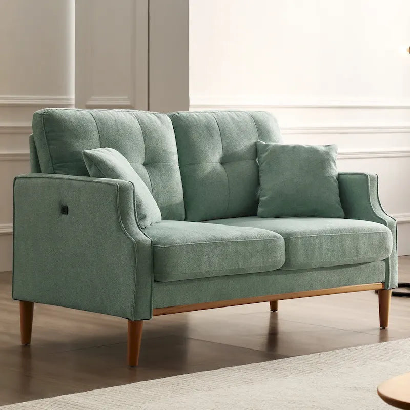 Causeuse moderne en tissu (bleu/vert/gris) avec ports de chargement USB et oreillers lombaires, 2 places