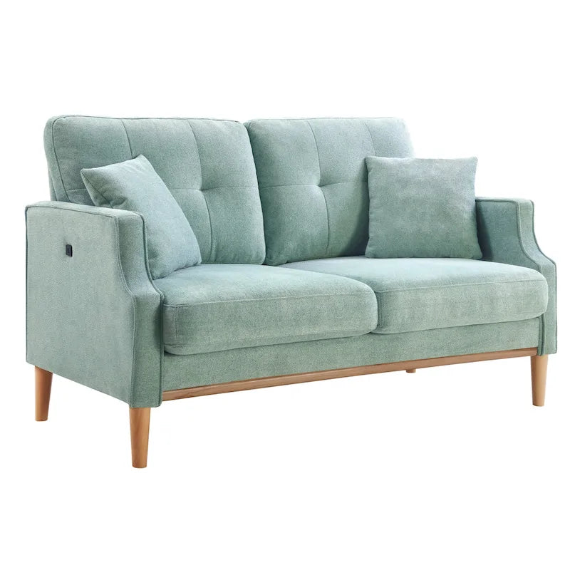 Causeuse moderne en tissu (bleu/vert/gris) avec ports de chargement USB et oreillers lombaires, 2 places