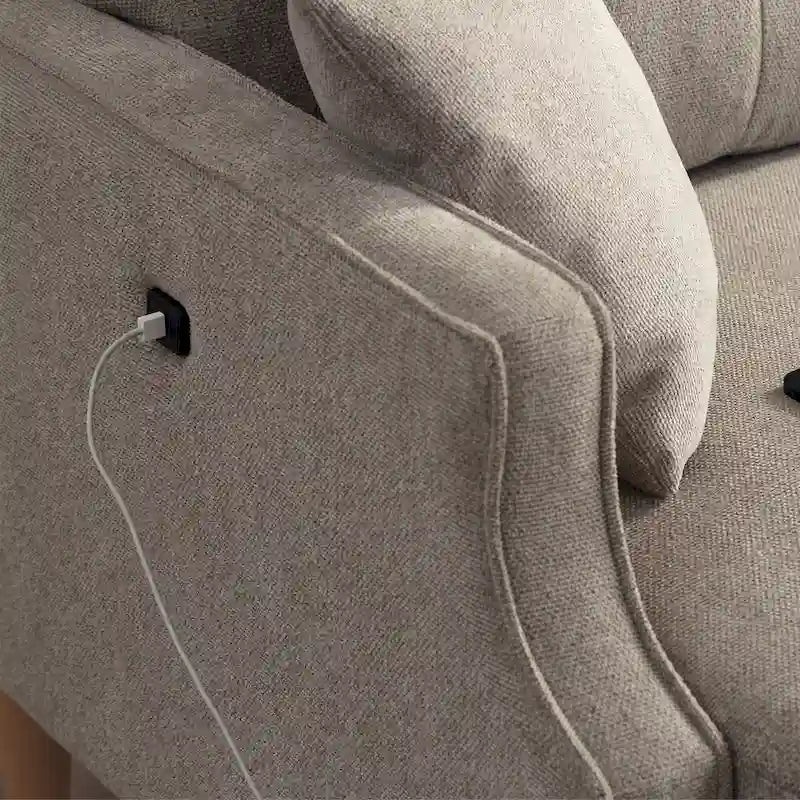 Causeuse moderne en tissu (bleu/vert/gris) avec ports de chargement USB et oreillers lombaires, 2 places