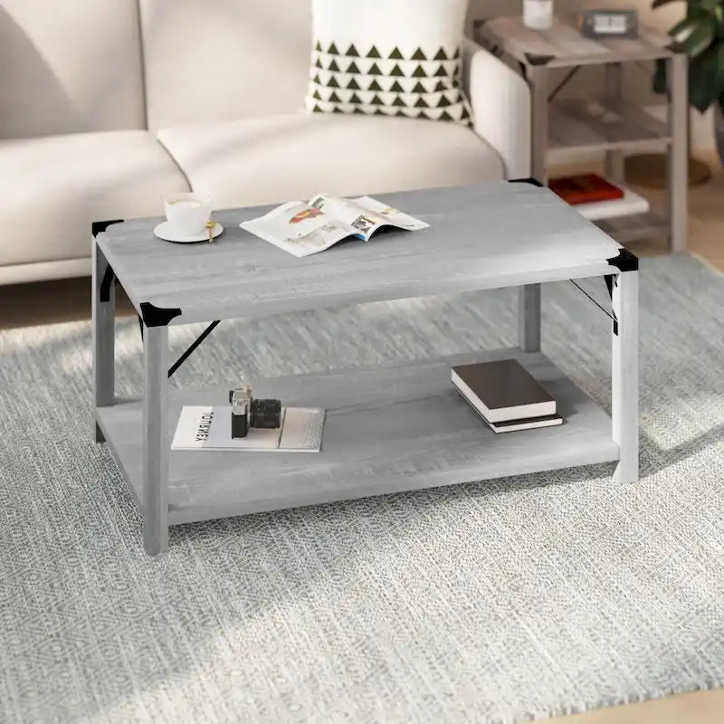 Table basse de ferme à 2 niveaux en chêne rustique / gris délavé / gris tremble avec croisillons et capuchons d'angle métalliques
