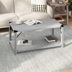 Table basse de ferme à 2 niveaux en chêne rustique / gris délavé / gris tremble avec croisillons et capuchons d'angle métalliques