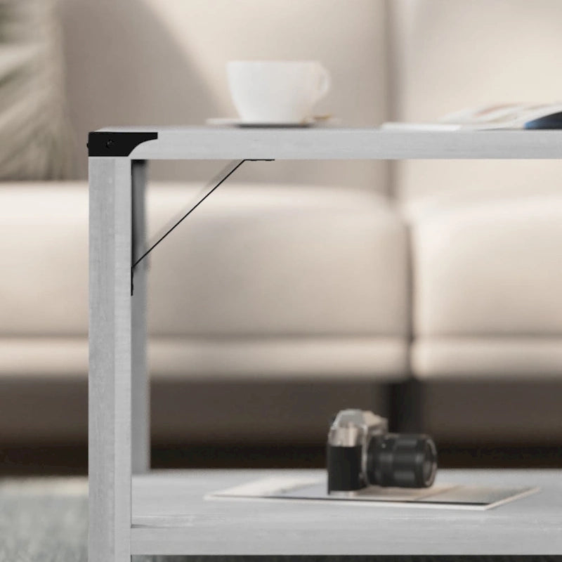Table basse de ferme à 2 niveaux en chêne rustique / gris délavé / gris tremble avec croisillons et capuchons d'angle métalliques