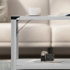 Table basse de ferme à 2 niveaux en chêne rustique / gris délavé / gris tremble avec croisillons et capuchons d'angle métalliques
