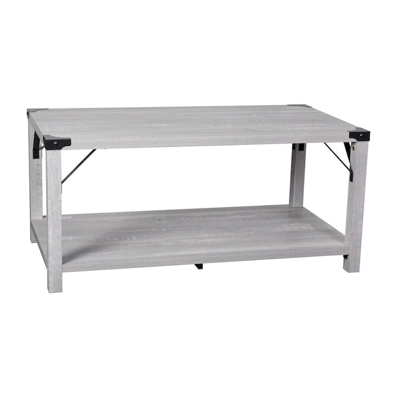 Table basse de ferme à 2 niveaux en chêne rustique / gris délavé / gris tremble avec croisillons et capuchons d'angle métalliques