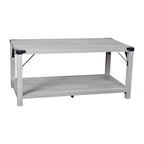 Table basse de ferme à 2 niveaux en chêne rustique / gris délavé / gris tremble avec croisillons et capuchons d'angle métalliques