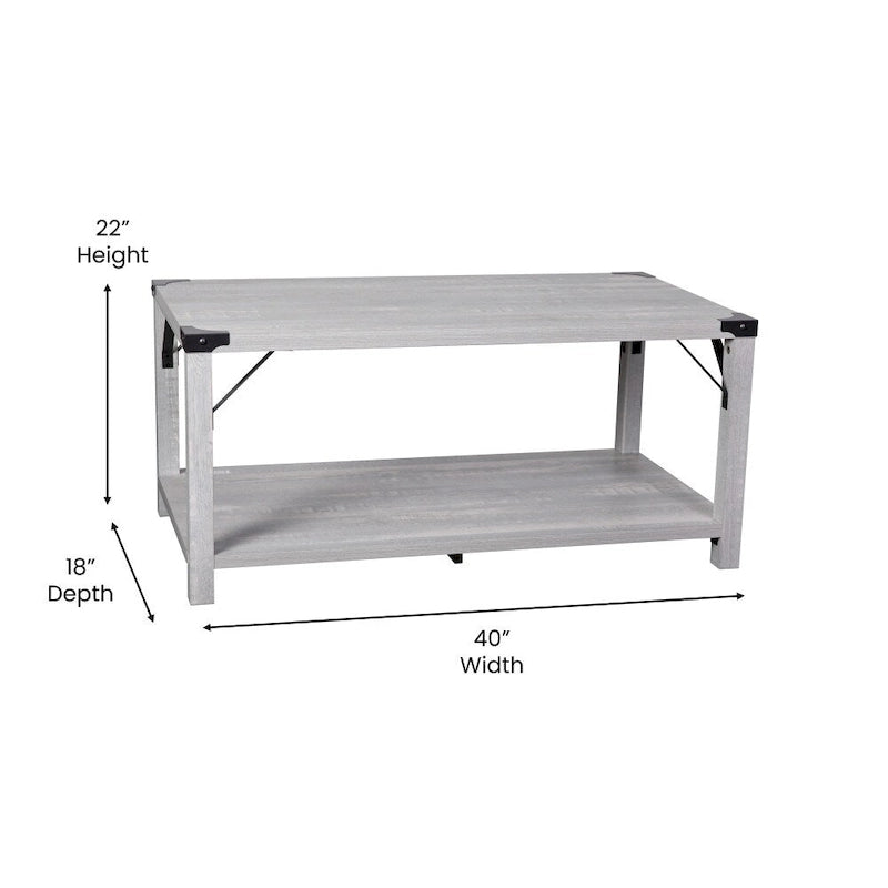 Table basse de ferme à 2 niveaux en chêne rustique / gris délavé / gris tremble avec croisillons et capuchons d'angle métalliques