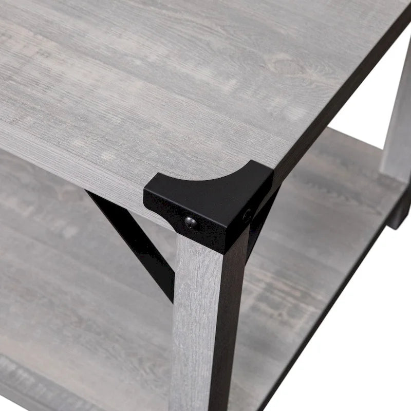 Table basse de ferme à 2 niveaux en chêne rustique / gris délavé / gris tremble avec croisillons et capuchons d'angle métalliques