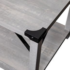 Table basse de ferme à 2 niveaux en chêne rustique / gris délavé / gris tremble avec croisillons et capuchons d'angle métalliques