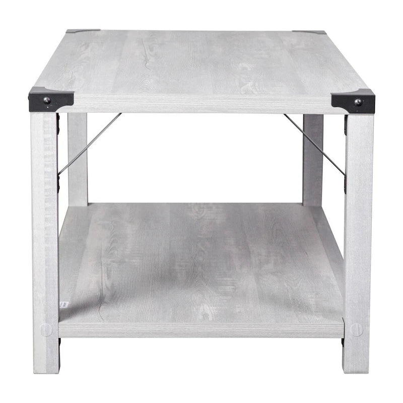 Table basse de ferme à 2 niveaux en chêne rustique / gris délavé / gris tremble avec croisillons et capuchons d'angle métalliques