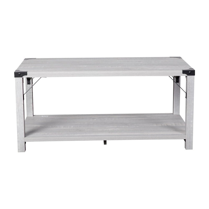 Table basse de ferme à 2 niveaux en chêne rustique / gris délavé / gris tremble avec croisillons et capuchons d'angle métalliques
