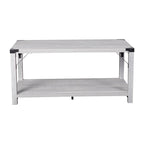 Table basse de ferme à 2 niveaux en chêne rustique / gris délavé / gris tremble avec croisillons et capuchons d'angle métalliques