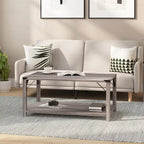 Table basse de ferme à 2 niveaux en chêne rustique / gris délavé / gris tremble avec croisillons et capuchons d'angle métalliques