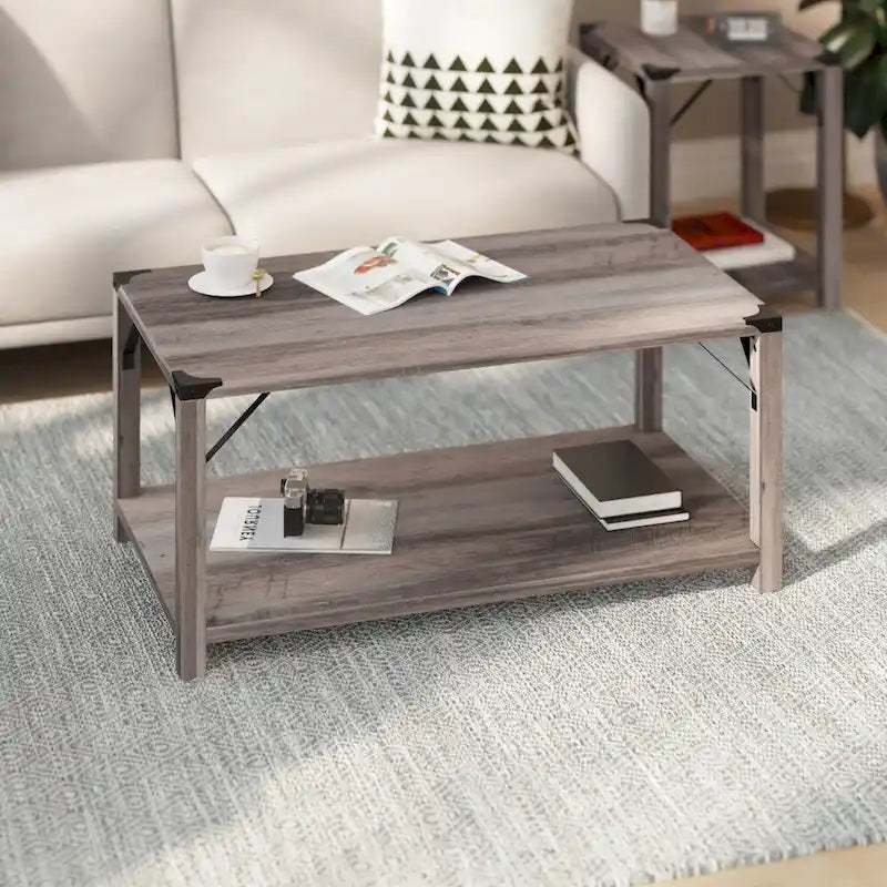 Table basse de ferme à 2 niveaux en chêne rustique / gris délavé / gris tremble avec croisillons et capuchons d'angle métalliques