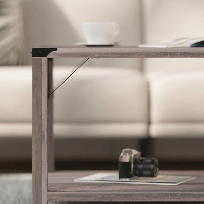 Table basse de ferme à 2 niveaux en chêne rustique / gris délavé / gris tremble avec croisillons et capuchons d'angle métalliques
