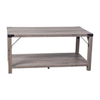 Table basse de ferme à 2 niveaux en chêne rustique / gris délavé / gris tremble avec croisillons et capuchons d'angle métalliques