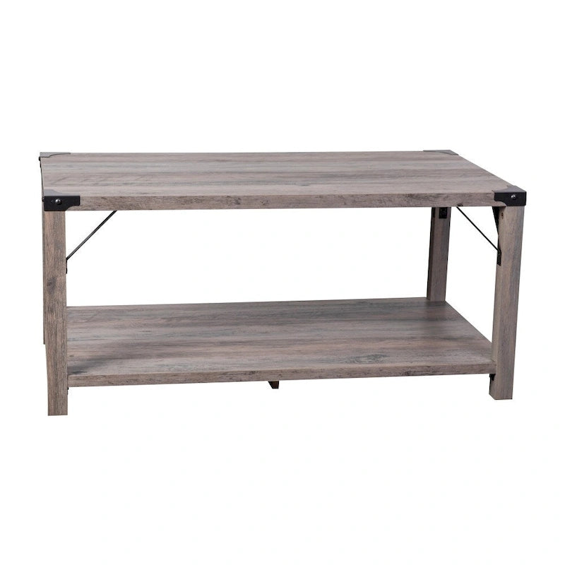 Table basse de ferme à 2 niveaux en chêne rustique / gris délavé / gris tremble avec croisillons et capuchons d'angle métalliques