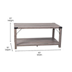 Table basse de ferme à 2 niveaux en chêne rustique / gris délavé / gris tremble avec croisillons et capuchons d'angle métalliques
